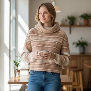 Urban Outfitters Women’s Y2K Cabincore Striped Turtleneck Cropped Sweater- Small